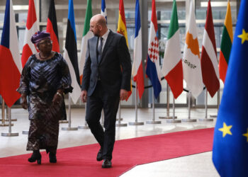 World Trade Organization Director-General Ngozi Okonjo-Iweala (left) and European Council President Charles Michel (right) in Brussels on May 19, 2021.