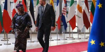 World Trade Organization Director-General Ngozi Okonjo-Iweala (left) and European Council President Charles Michel (right) in Brussels on May 19, 2021.