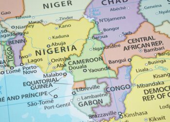 Close up of Camaroon on a political map of Africa.