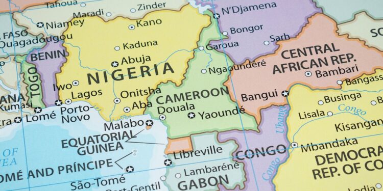 Close up of Camaroon on a political map of Africa.