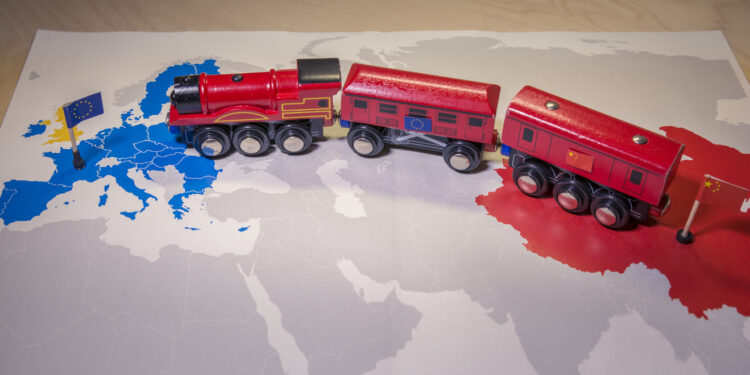 This image shows a train that is traveling from China to Europe. It symbolizes the freight train line between them and was set up a a part of the Belt and Road Initiative (BRI).