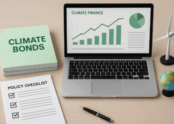 A desk with climate bonds booklets, a laptop.