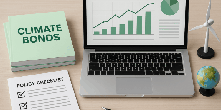 A desk with climate bonds booklets, a laptop.
