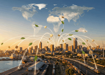 Photorealistic widescreen banner of a modern African city skyline at sunset.