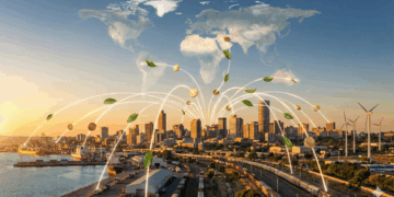 Photorealistic widescreen banner of a modern African city skyline at sunset.