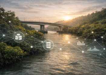 Bridge at sunset with digital icons in front.