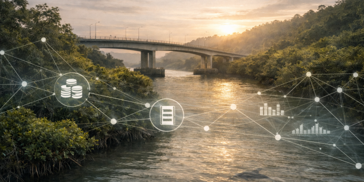 Bridge at sunset with digital icons in front.
