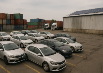 Cars parked in front of a warehouse.