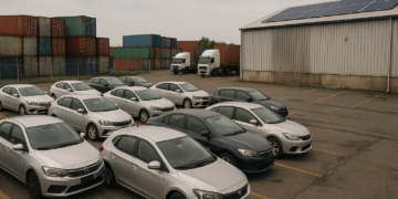 Cars parked in front of a warehouse.