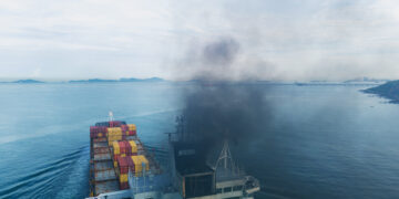 Container Ship Emitting Black Smoke in the Ocean